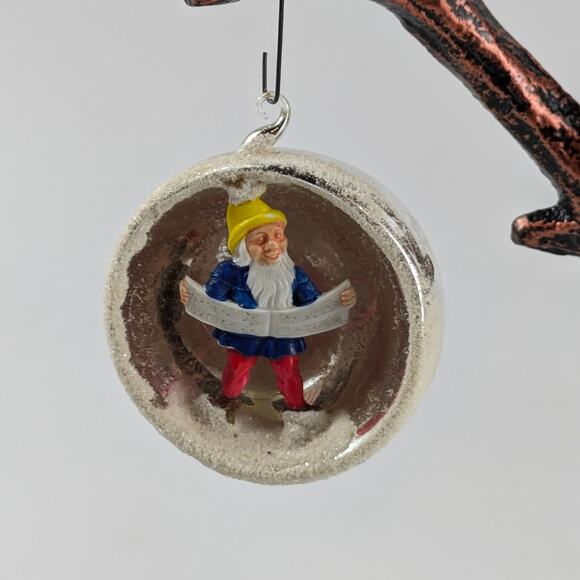 60s Diorama Christmas Ornament Celluloid Gnome Silver Mica Authentic Vtg Holiday - Picture 1 of 7